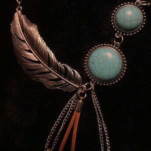 Silver Feather Necklace w/ Mini Copper Feathers, Turquoise Detail, Brown Leather